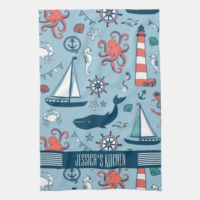 Cute Nautical Pattern Baby Blue Background Kitchen Towel (Vertical)