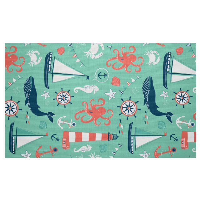 Cute Nautical Pattern Mint Green Background Fabric (Fat Quarter)