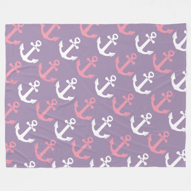 Cute Nautical Pink Purple Anchors Pattern Fleece Blanket (Front (Horizontal))
