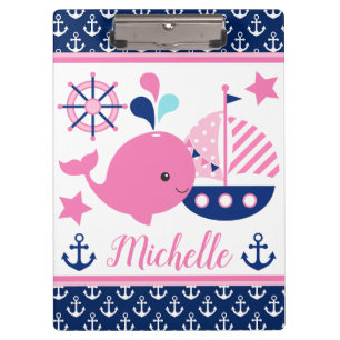 Cute Nautical Pink Whale and Anchors Pattern Clipboard