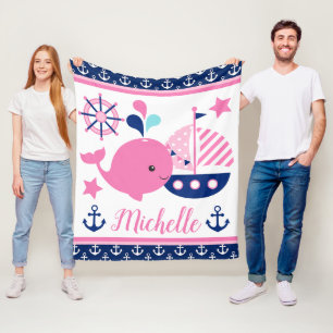 Cute Nautical Pink Whale and Anchors Pattern Fleece Blanket