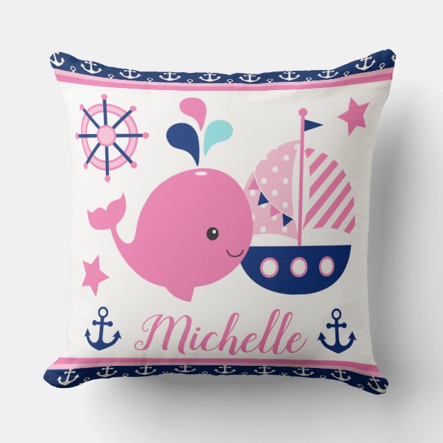 Cute Nautical Pink Whale and Anchors Pattern Throw Pillow (Front)