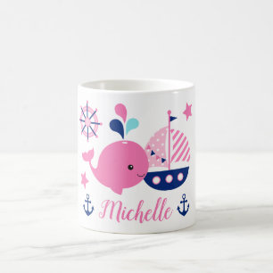 Cute Nautical Pink Whale, Boat & Anchor Coffee Mug