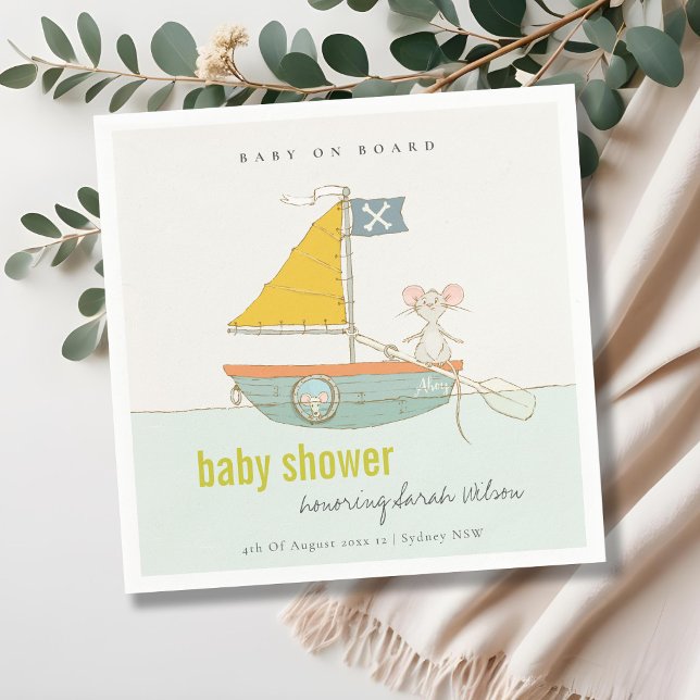 Cute Nautical Pirate Mouse Sailboat Baby Shower Napkin (Creator Uploaded)