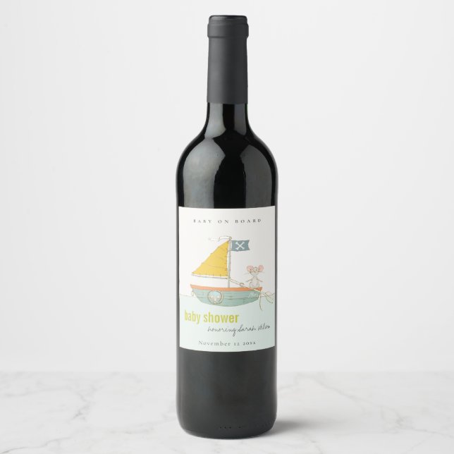 Cute Nautical Pirate Mouse Sailboat Baby Shower Wine Label (Front)