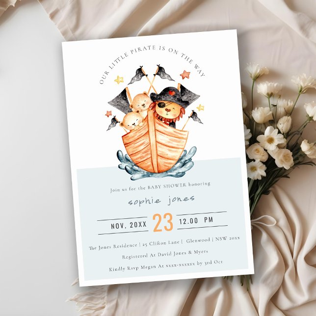 Cute Nautical Pirate Ship Lion Cub Baby Shower Invitation (Creator Uploaded)