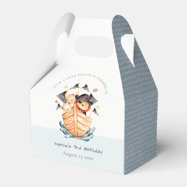 Cute Nautical Pirate Ship Lion Cub Kids Birthday Favor Box (Front Side)