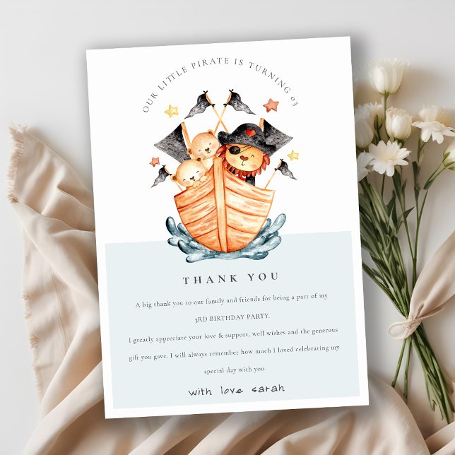 Cute Nautical Pirate Ship Lion Cub Kids Birthday Thank You Card (Creator Uploaded)