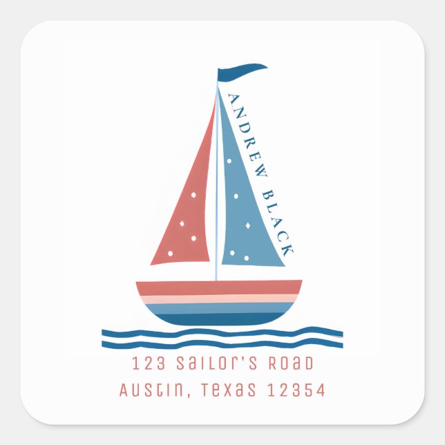 Cute Nautical Red and Blue Sailboat Kid Address Square Sticker (Front)