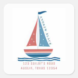 Cute Nautical Red and Blue Sailboat Kid Address Square Sticker