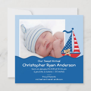 Cute Nautical Sailboat Baby Boy Photo Announcement