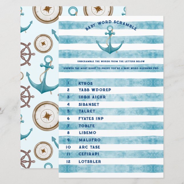 Cute Nautical Sailor Baby Shower Word Scramble (Front/Back)