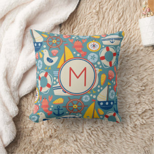 Cute Nautical Sea Life Monogram Throw Pillow