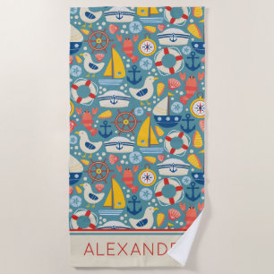 Cute Nautical Sea Life Personalized Beach Towel