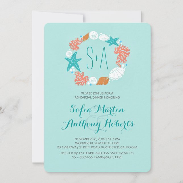 Cute nautical sea wreath rehearsal dinner invites (Front)