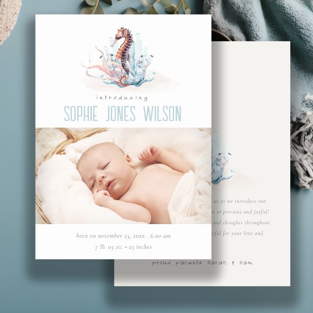 Cute Nautical Seahorse Photo Birth Announcement (Creator Uploaded)