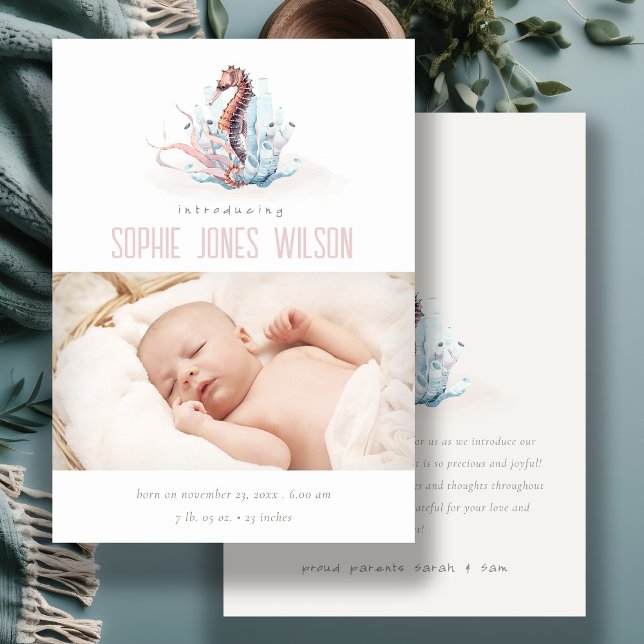 Cute Nautical Seahorse Photo Birth Announcement (Creator Uploaded)
