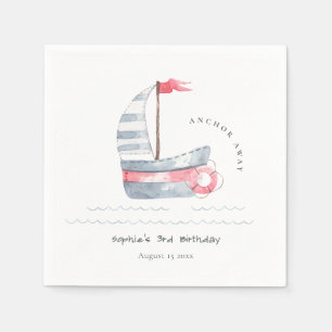 Cute Nautical Soft Red Blue Sailboat Kids Birthday Napkin