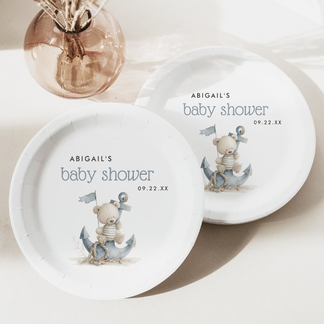 Cute Nautical Teddy Bear Baby Shower Paper Plate (Creator Uploaded)