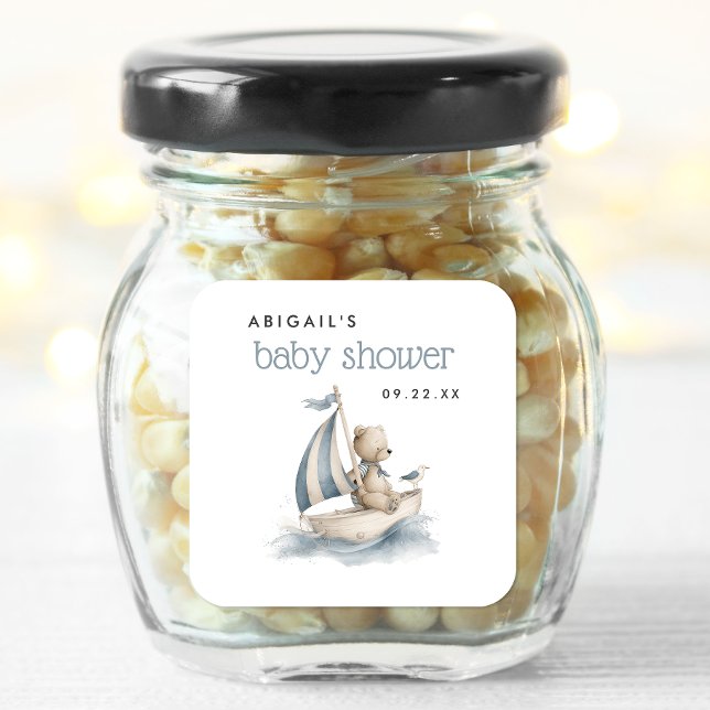 Cute Nautical Teddy Bear Boys Baby Shower Square Sticker (Creator Uploaded)