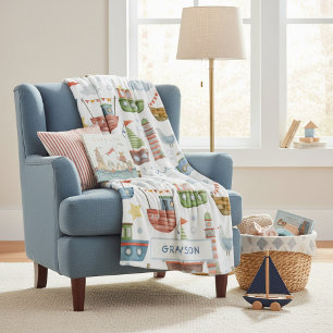 Cute Nautical Watercolor Boats Boy Personalized Fleece Blanket