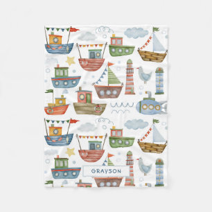 Cute Nautical Watercolor Boats Boy Personalized Fleece Blanket
