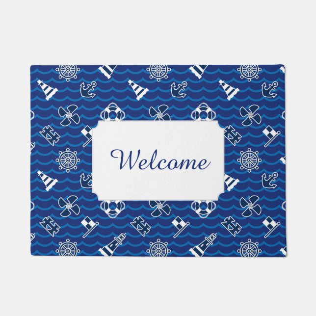 Cute Nautical Waves Pattern | Add Your Text Doormat (Front)