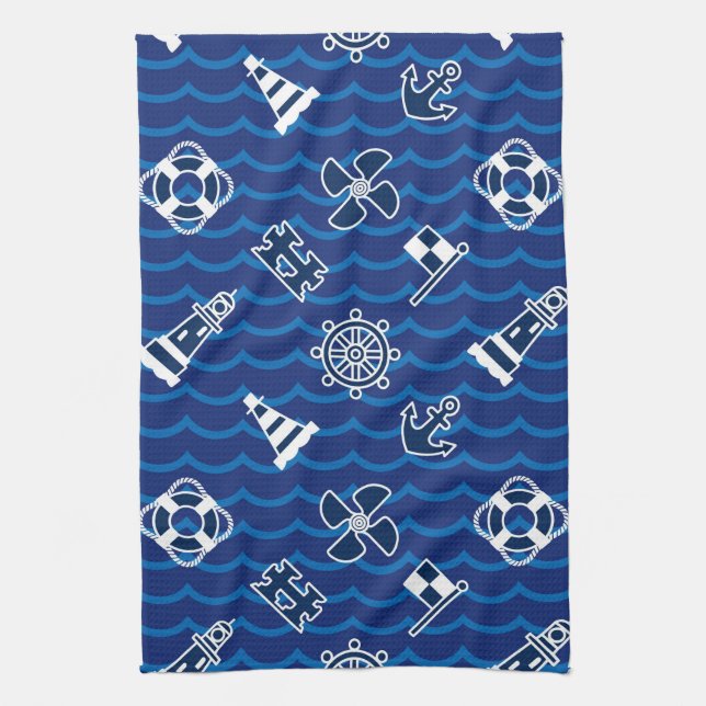 Cute Nautical Waves Pattern Kitchen Towel (Vertical)