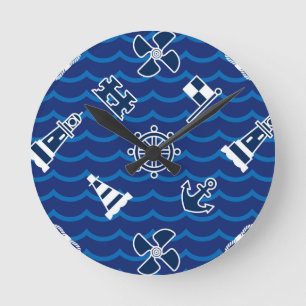 Cute Nautical Waves Pattern Round Clock