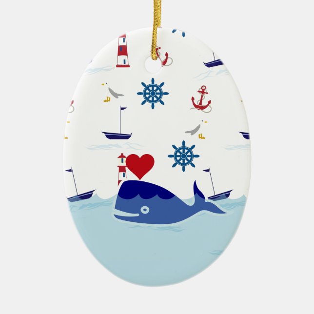 Cute Nautical Whale Ceramic Ornament (Front)