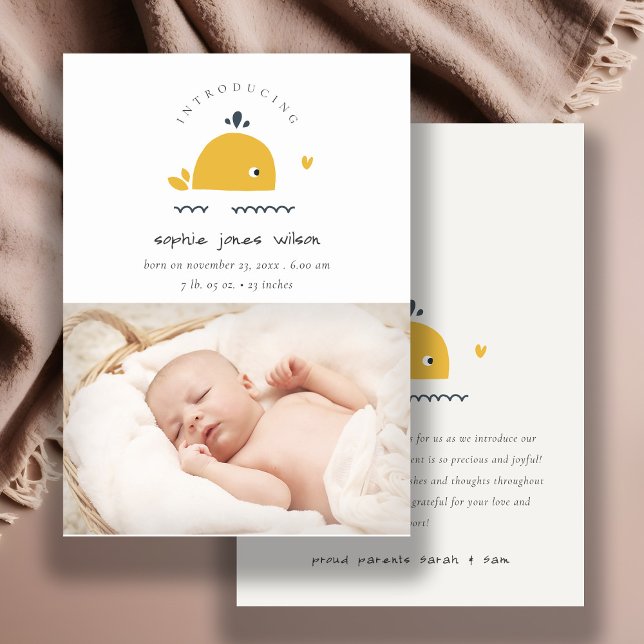 Cute Nautical Whale Heart Photo Birth Announcement (Creator Uploaded)