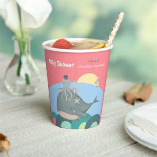 Cute Nautical Whale Squid Pink Baby Shower Paper Cups