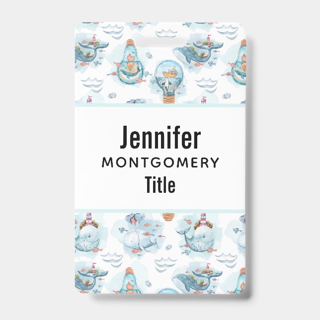 Cute Nautical Whales Watercolor Pattern Badge (Front)