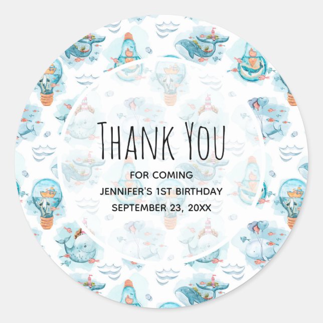 Cute Nautical Whales Watercolor Pattern Birthday Classic Round Sticker (Front)