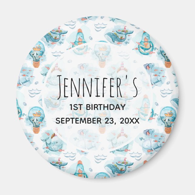 Cute Nautical Whales Watercolor Pattern Birthday Magnet (Front)