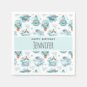 Cute Nautical Whales Watercolor Pattern Birthday Napkin