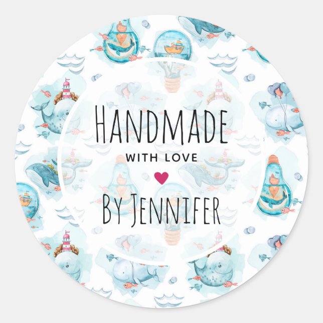 Cute Nautical Whales Watercolor Pattern Classic Round Sticker (Front)