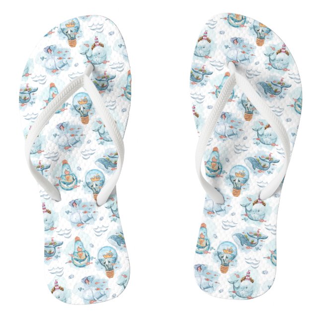 Cute Nautical Whales Watercolor Pattern Flip Flops (Footbed)