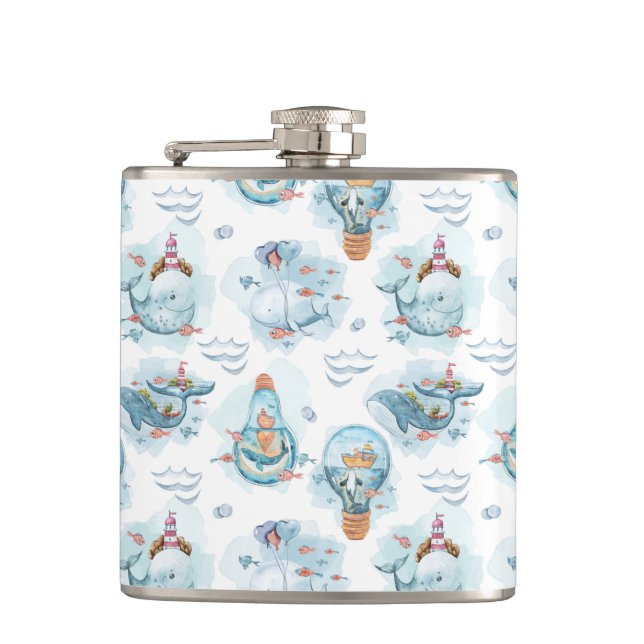 Cute Nautical Whales Watercolor Pattern Hip Flask (Front)