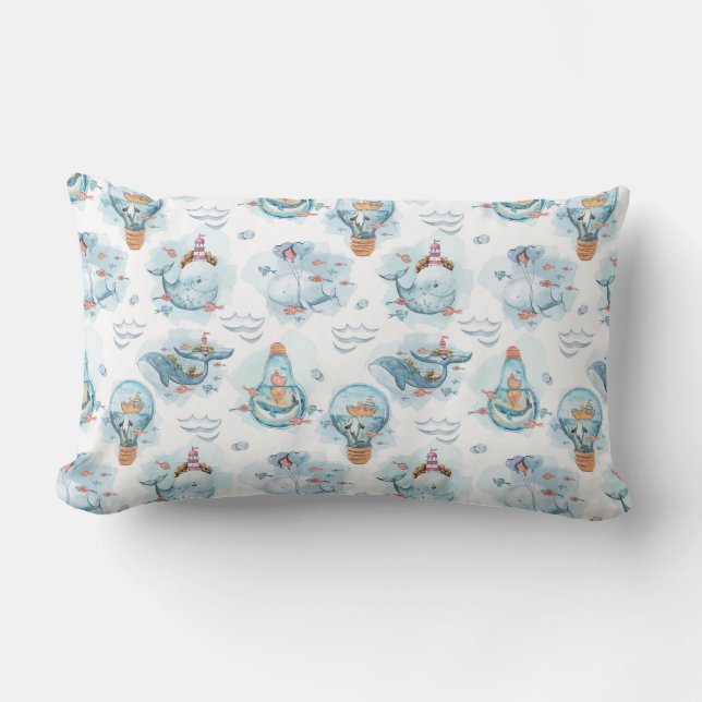 Cute Nautical Whales Watercolor Pattern Lumbar Pillow (Front)
