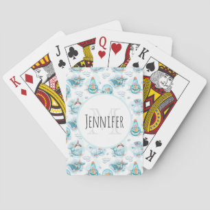Cute Nautical Whales Watercolor Pattern Monogram Playing Cards
