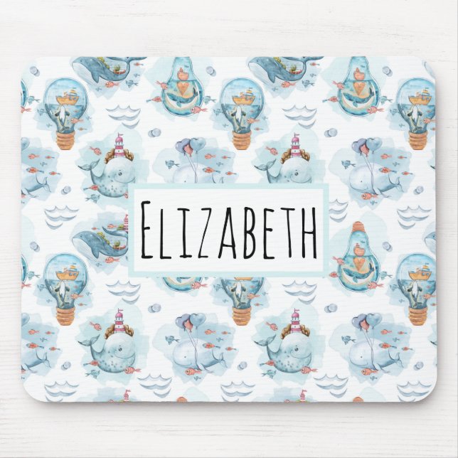 Cute Nautical Whales Watercolor Pattern Mouse Pad (Front)