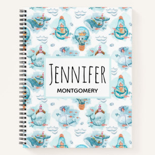 Cute Nautical Whales Watercolor Pattern Notebook