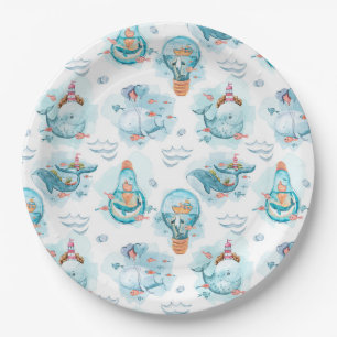 Cute Nautical Whales Watercolor Pattern Paper Plate