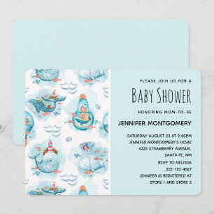 Cute Nautical Whales Watercolor Pattern Shower Invitation