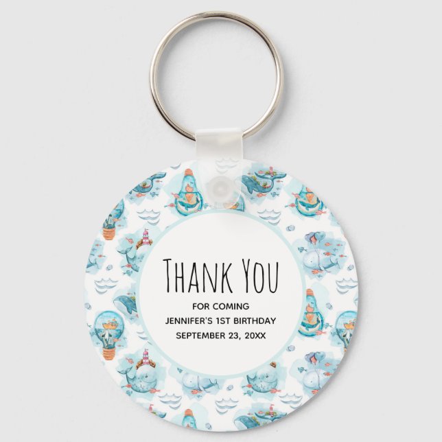 Cute Nautical Whales Watercolor Pattern Thank You Keychain (Front)