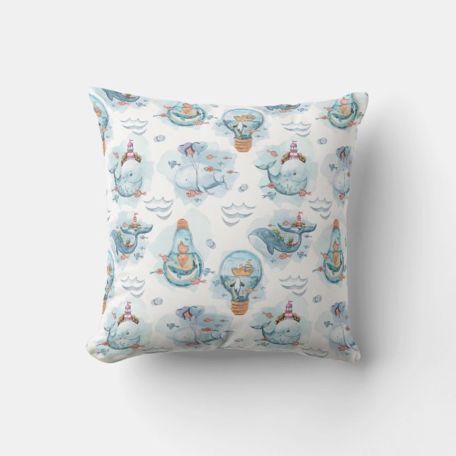 Cute Nautical Whales Watercolor Pattern Throw Pillow (Front)