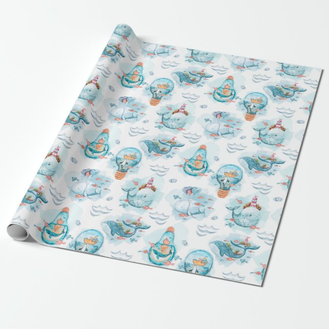 Cute Nautical Whales Watercolor Pattern Wrapping Paper (Unrolled)