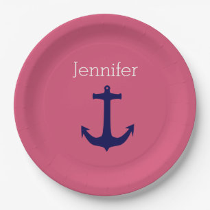 Cute Navy Anchor with Pink White Custom Name Paper Plate
