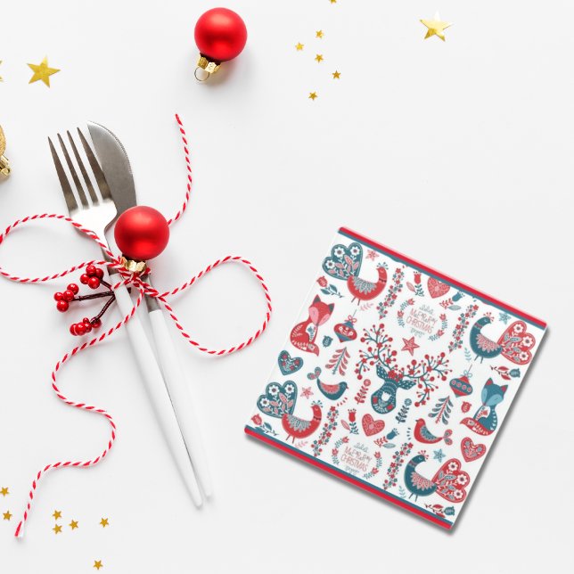 Cute Navy and Red Christmas Scandinavian Folk Art Glass Coaster (Creator Uploaded)